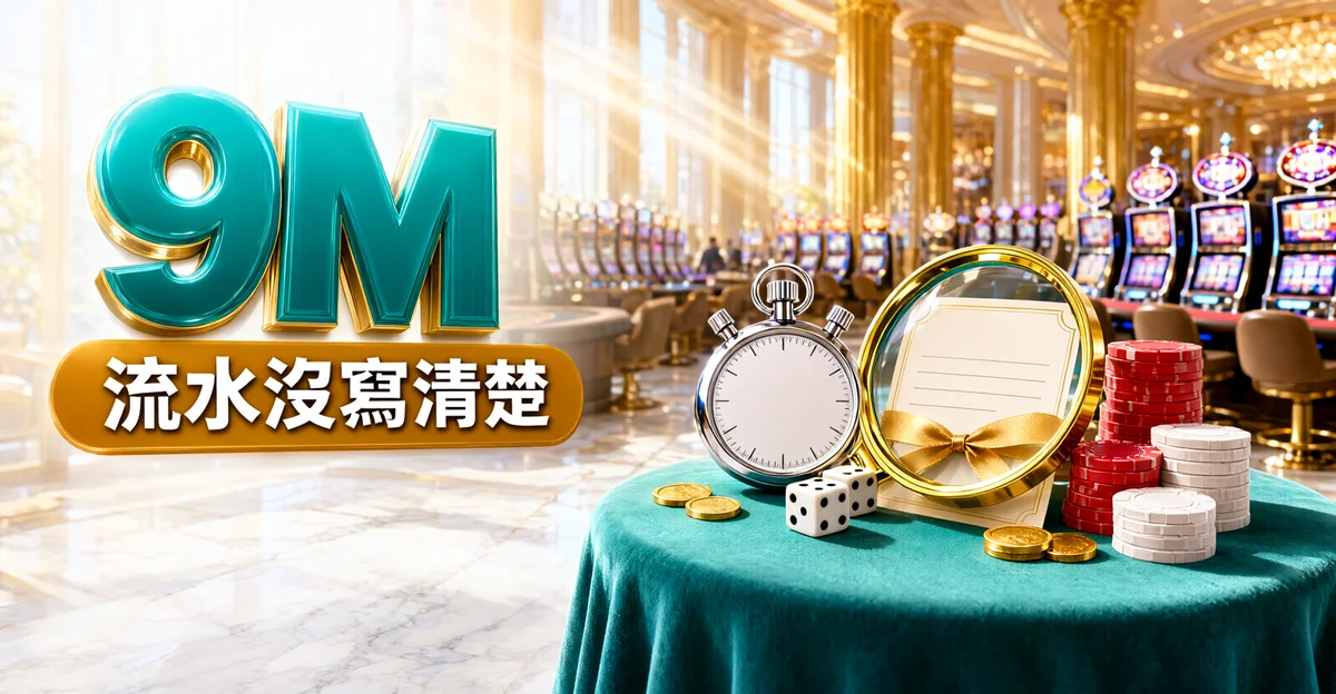 9M娛樂城評價封面:金色賭場大廳裡的綠絨布圓桌,桌上有碼錶、空白優惠券、放大鏡、籌碼與骰子,大字「9M」與標語「流水沒寫清楚」