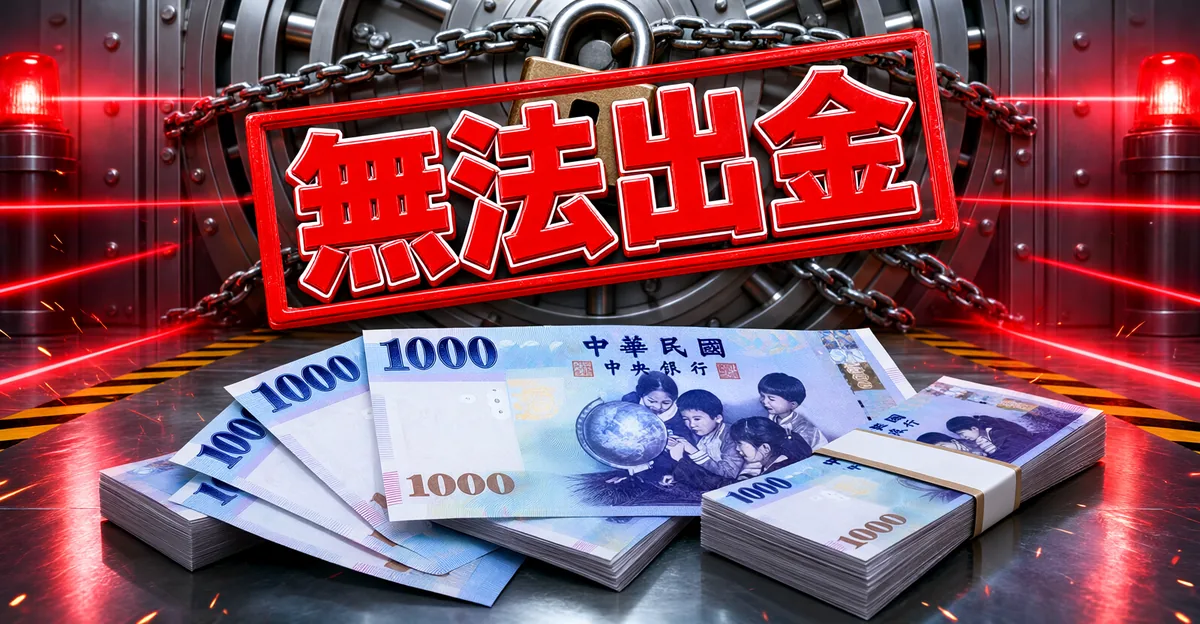 娛樂城不出金示意圖:被鐵鏈與大鎖封住的金庫門,前方散落新台幣千元鈔,紅色印章寫著無法出金