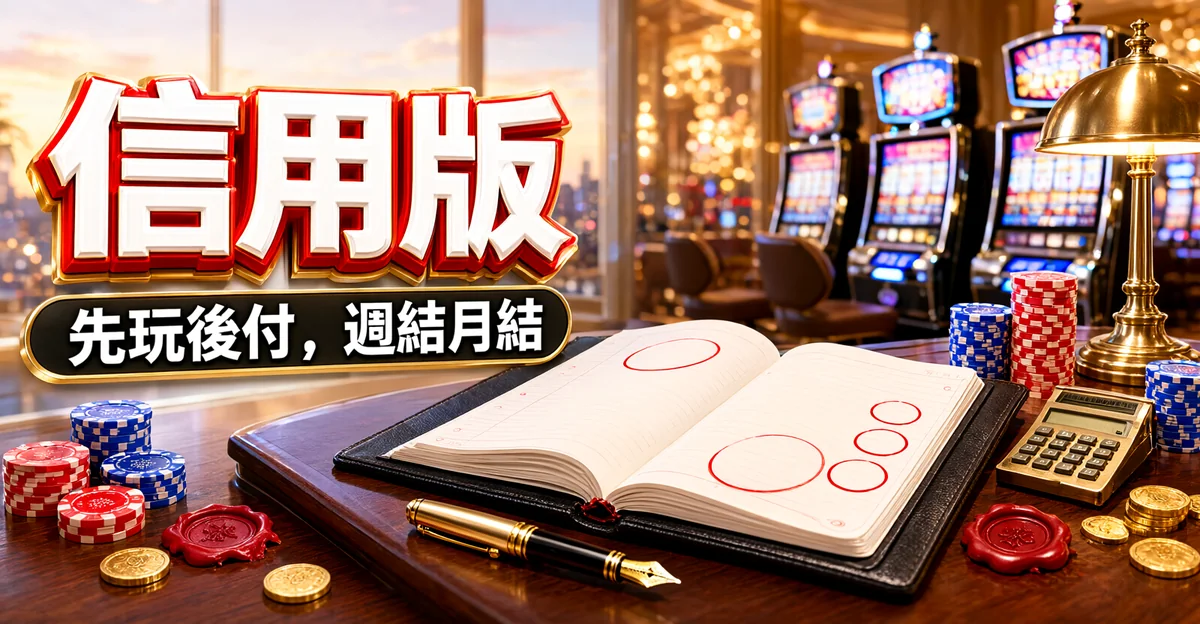 信用版娛樂城封面:賭場辦公室的木桌上攤著帳本,旁邊有鋼筆、計算機、籌碼與紅色封蠟,大字「信用版」與標語「先玩後付,週結月結」