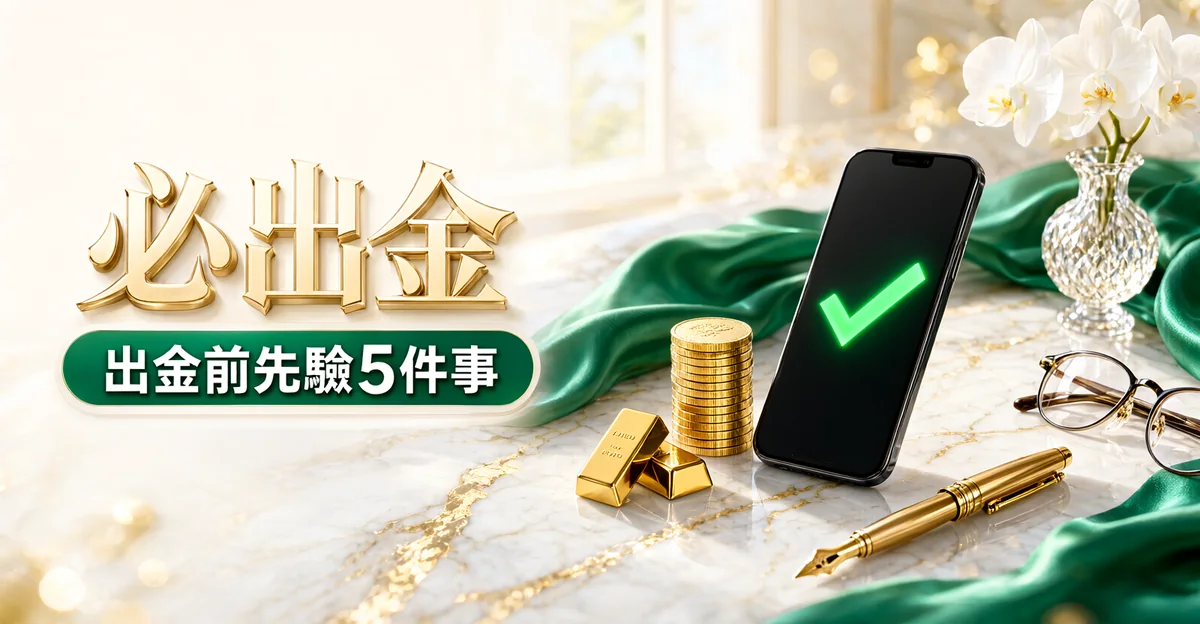 必出金娛樂城封面:白色大理石桌上,手機螢幕亮著綠色打勾,旁邊有一疊金幣、金條、鋼筆與祖母綠絲巾,大字「必出金」與標語「出金前先驗5件事」
