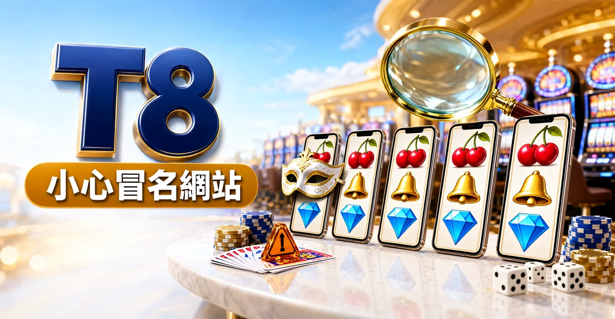T8娛樂城評價封面:五支畫面一模一樣的拉霸手機排成一列,其中一支戴著面具,放大鏡正在檢查,大字「T8」與標語「小心冒名網站」