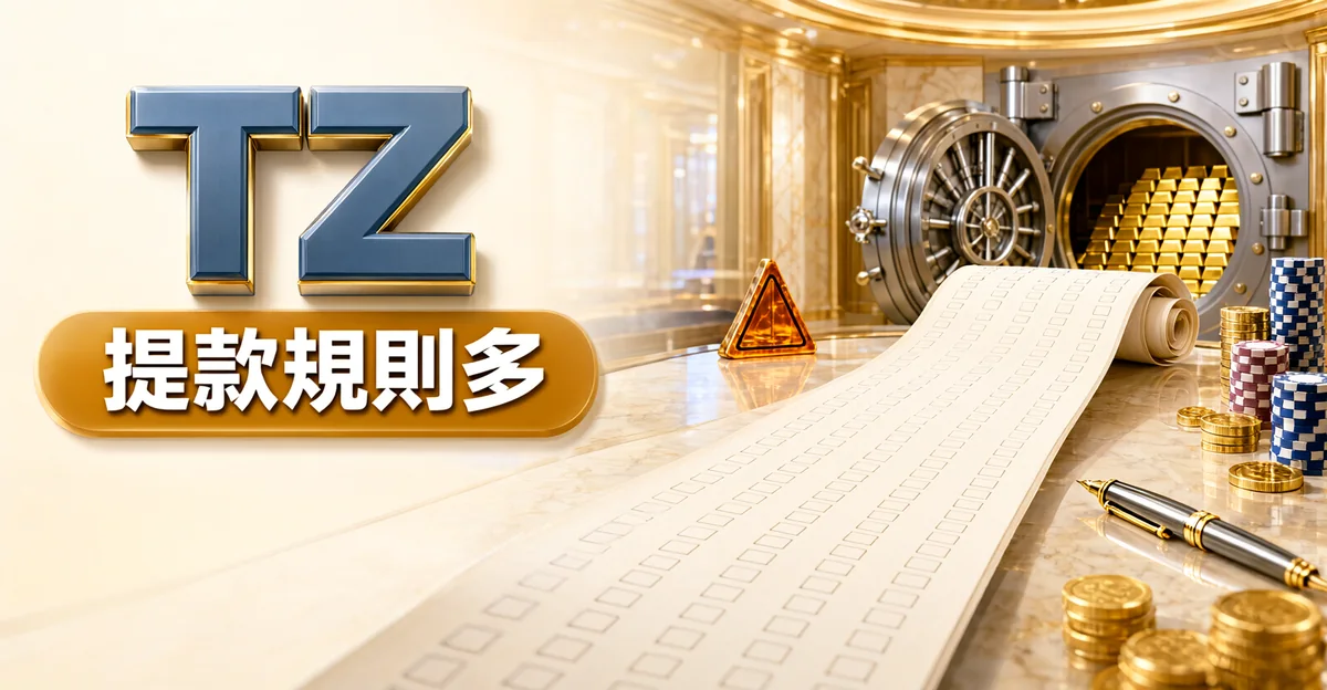 TZ娛樂城評價封面：金庫大門敞開、裡面堆著金條，桌上攤著長長的規則清單捲軸和鋼筆，大字「TZ」與標語「提款規則多」
