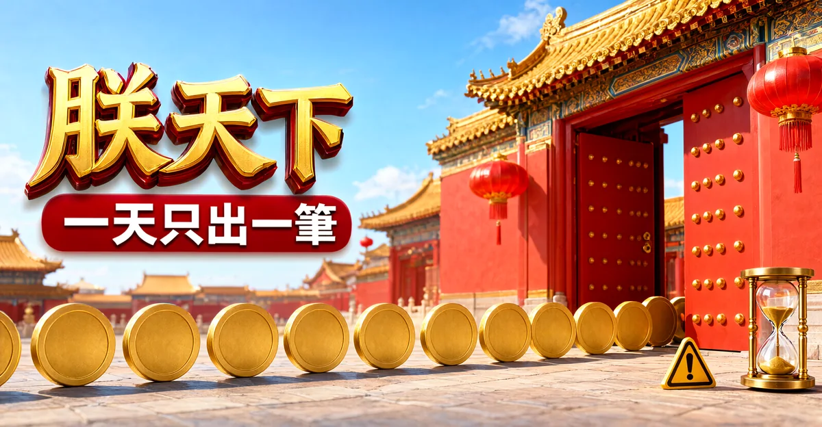 朕天下娛樂城評價封面:紅色宮門只開一道縫,門前排著一長列金幣,旁邊是沙漏,大字「朕天下」與標語「一天只出一筆」